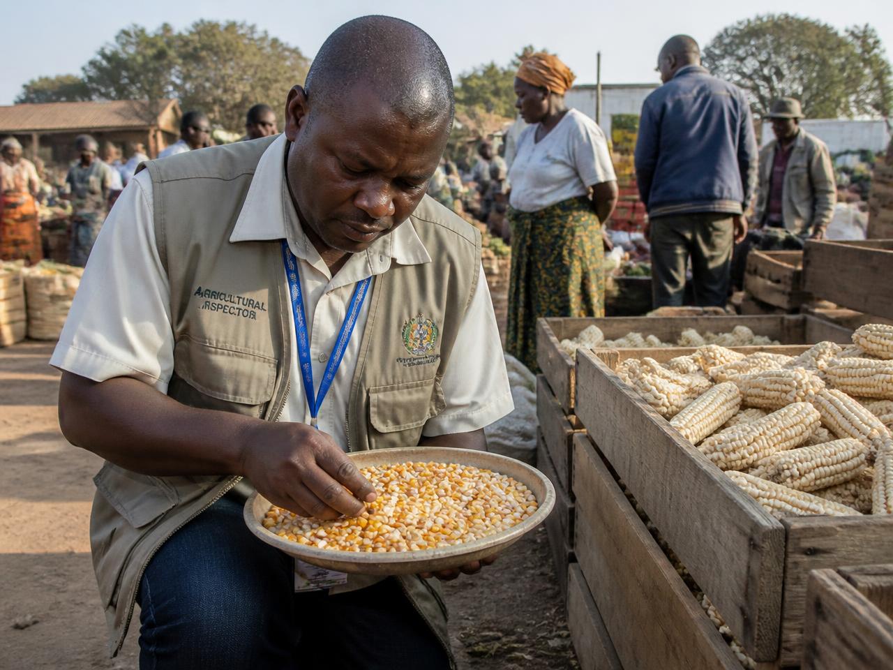 An agricultural inspector examining maize grain samples at a market