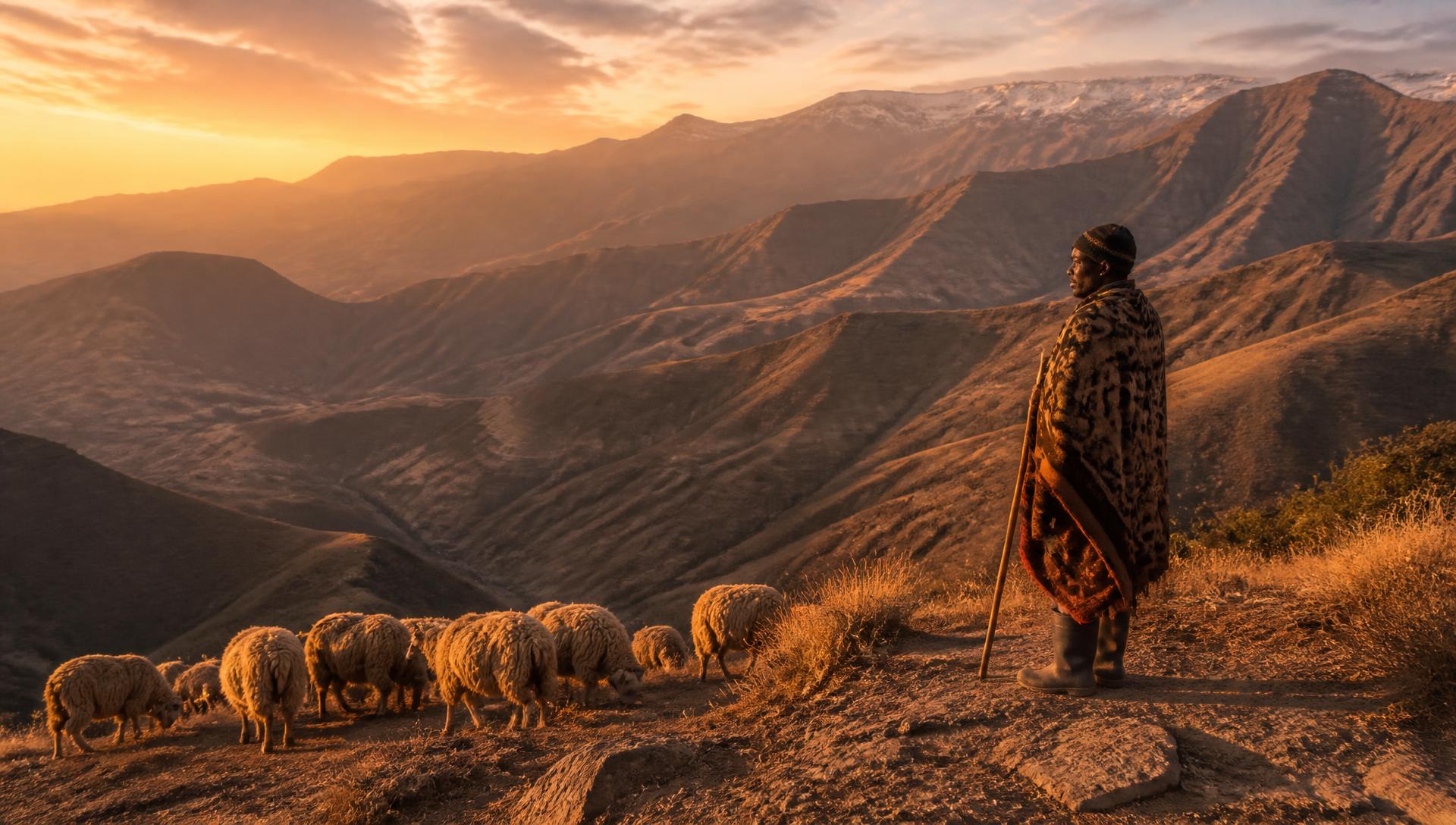 Shepherd overlooking the Maloti mountains of Lesotho at sunrise